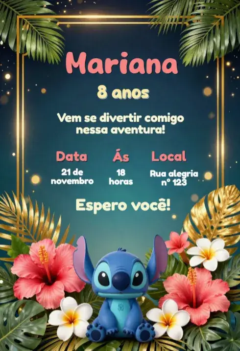 Convite Convite Digital Stitch – tema Aniversário Infantil colorido, divertido, tropical, ilustrações animadas, infantil