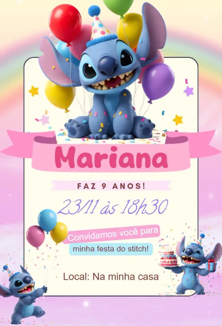 Convite convite digital stitch – tema Aniversário kawaii, moderno, colorido, infantil, divertido