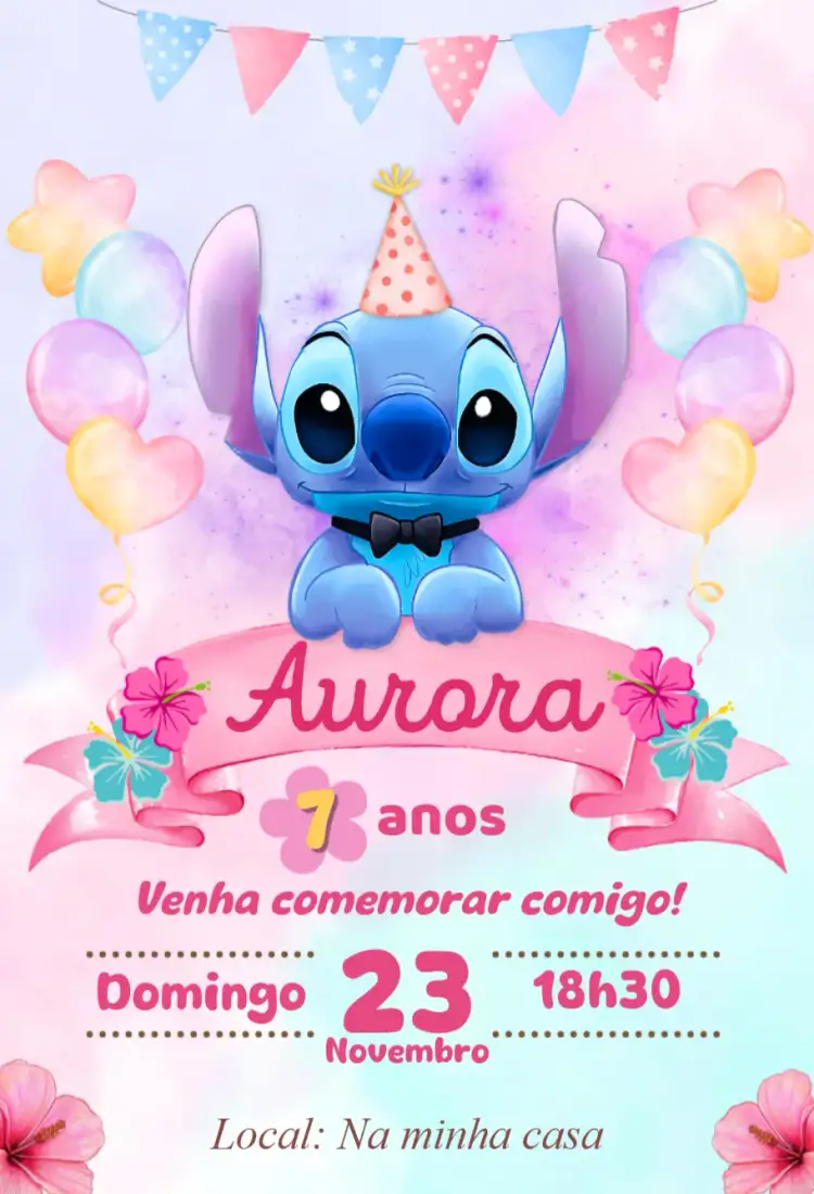 Convite convite digital stitch – tema Aniversário kawaii, colorido, divertido, moderno, infantil