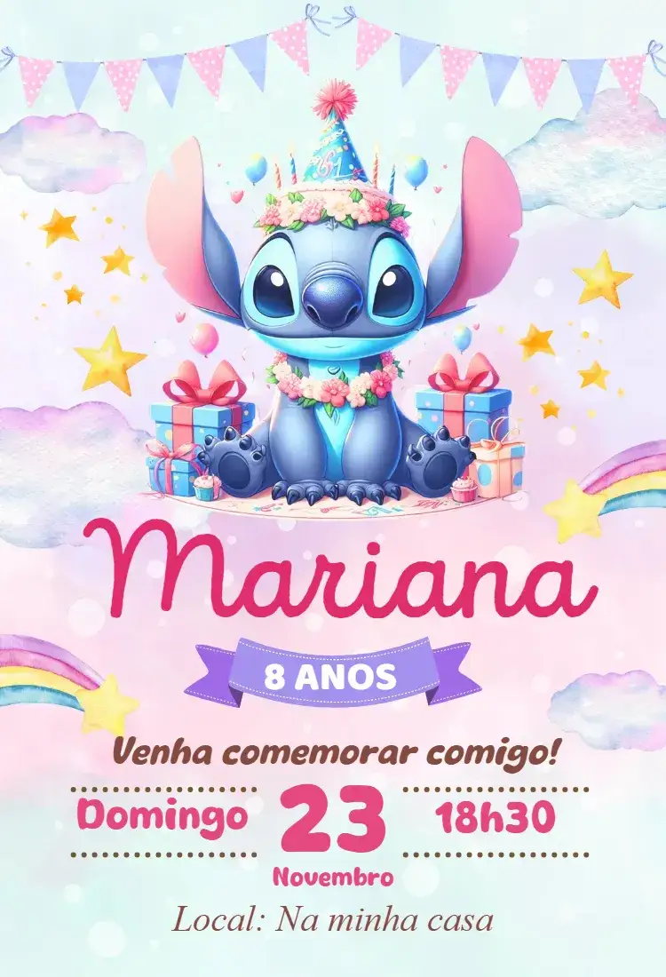 Convite convite digital stitch – tema Aniversário moderno, kawaii, colorido, divertido, infantil