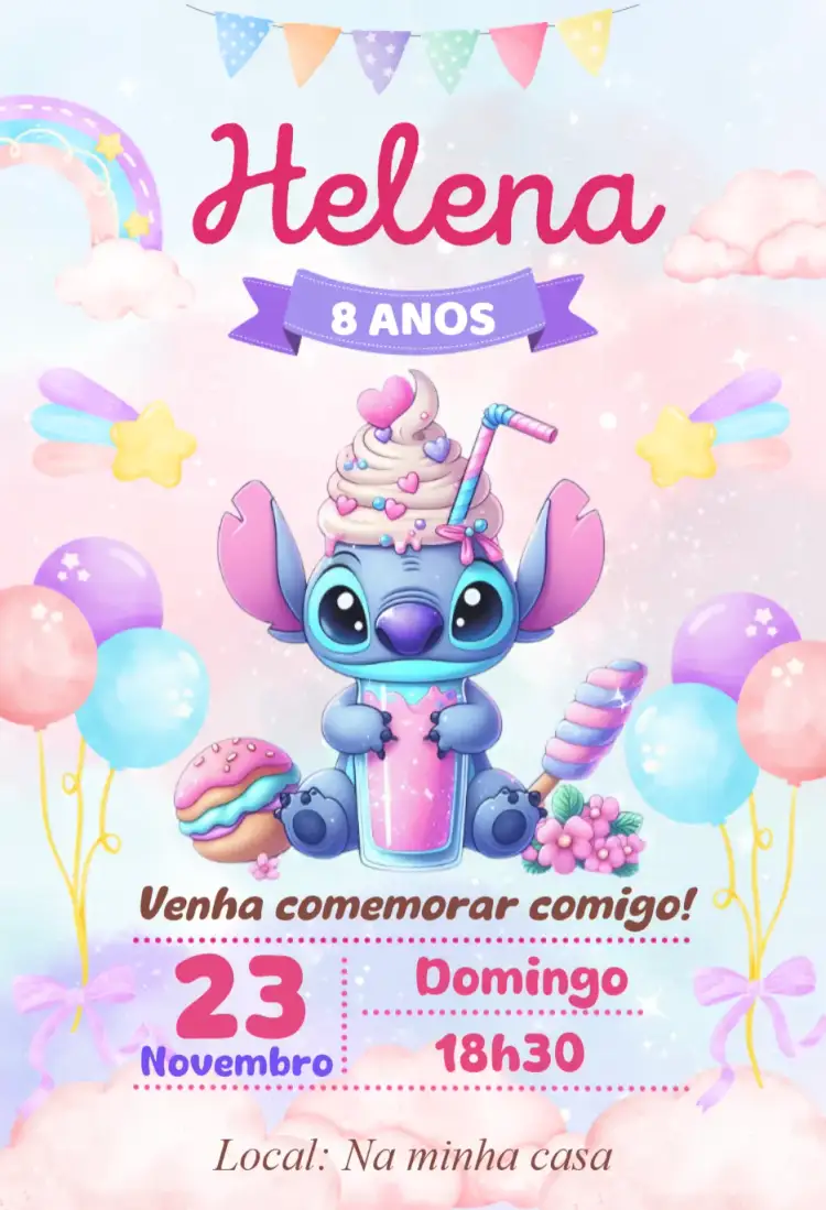 Convite convite digital stitch – tema Aniversário moderno, kawaii, colorido, divertido, infantil