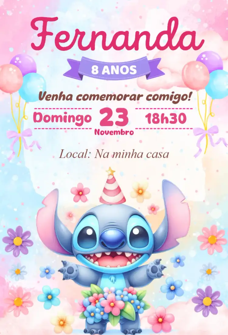 Convite convite digital stitch – tema Aniversário azul, kawaii, moderno, animado, fofo