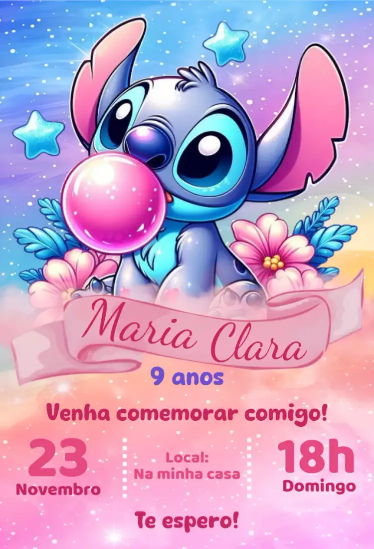Convite convite digital stitch – tema Aniversário kawaii, moderno, colorido, infantil, divertido
