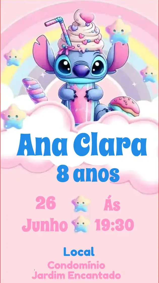Convite Convite Digital Stitch - Aniversário – tema Aniversário rosa, Disney, divertido, colorido, infantil, temático