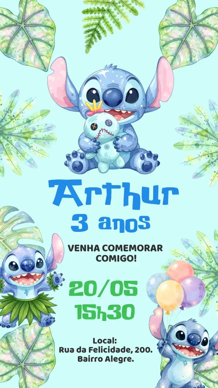 Convite Convite digital Stitch Aquarela – tema Aniversário Infantil aquarela, tropical, havaiano, colorido, fofo