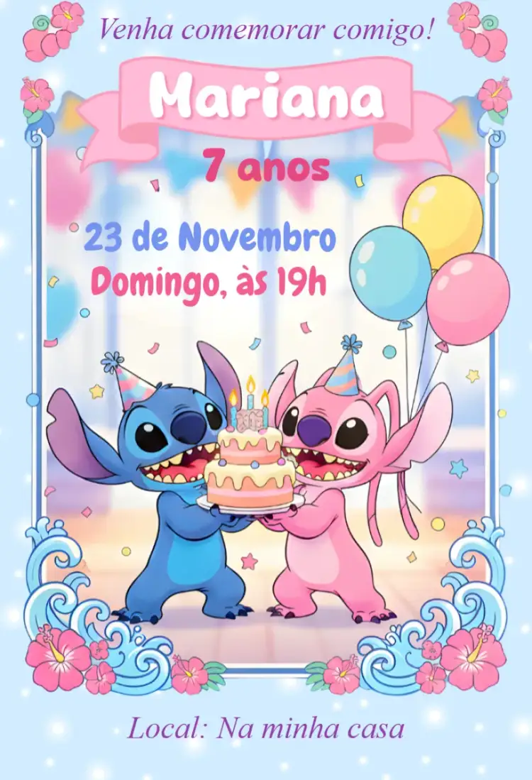 Convite Convite digital stitch e angel – tema Aniversário kawaii, colorido, divertido, moderno, infantil