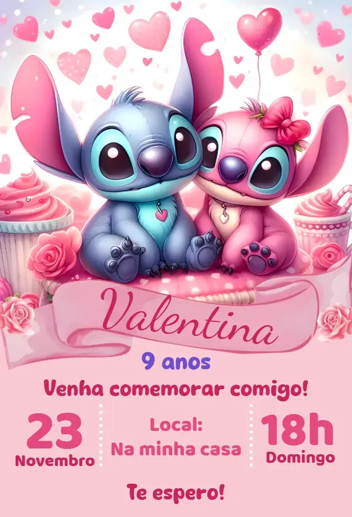 Convite convite digital stitch e angel – tema Aniversário colorido, kawaii, moderno, fofo, delicado