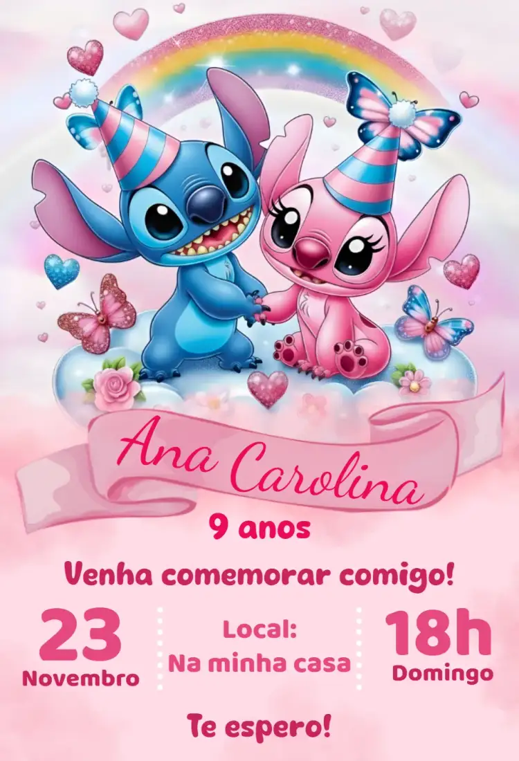 Convite convite digital stitch e angel – tema Aniversário kawaii, colorido, moderno, divertido, infantil, delicado