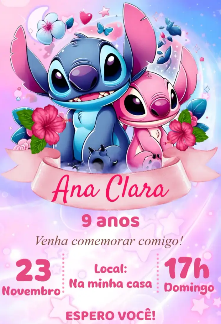 Convite convite digital stitch e angel – tema Aniversário colorido, fofo, kawaii, moderno, infantil