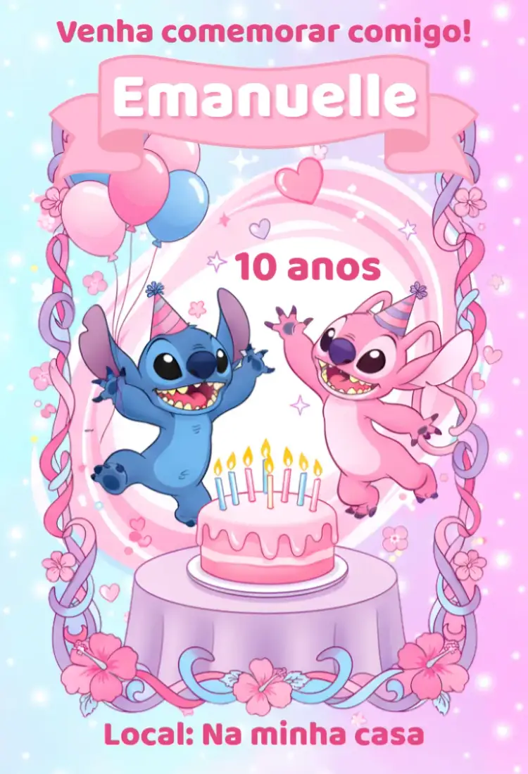 Convite Convite digital stitch e angel – tema Aniversário colorido, kawaii, moderno, divertido, infantil
