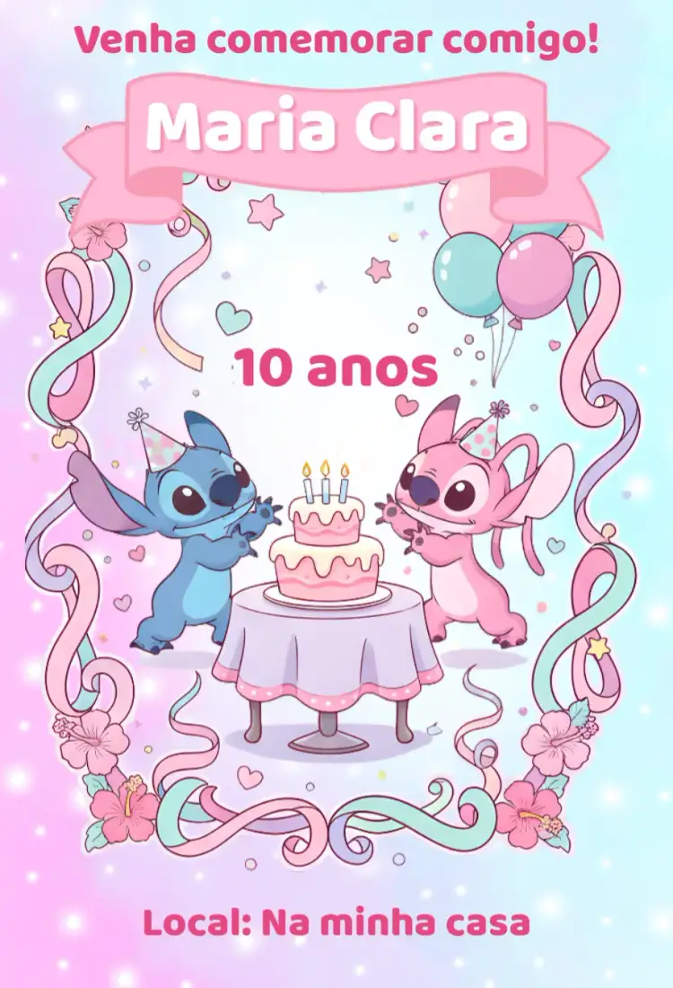 Convite Convite digital stitch e angel – tema Aniversário kawaii, colorido, divertido, moderno, infantil