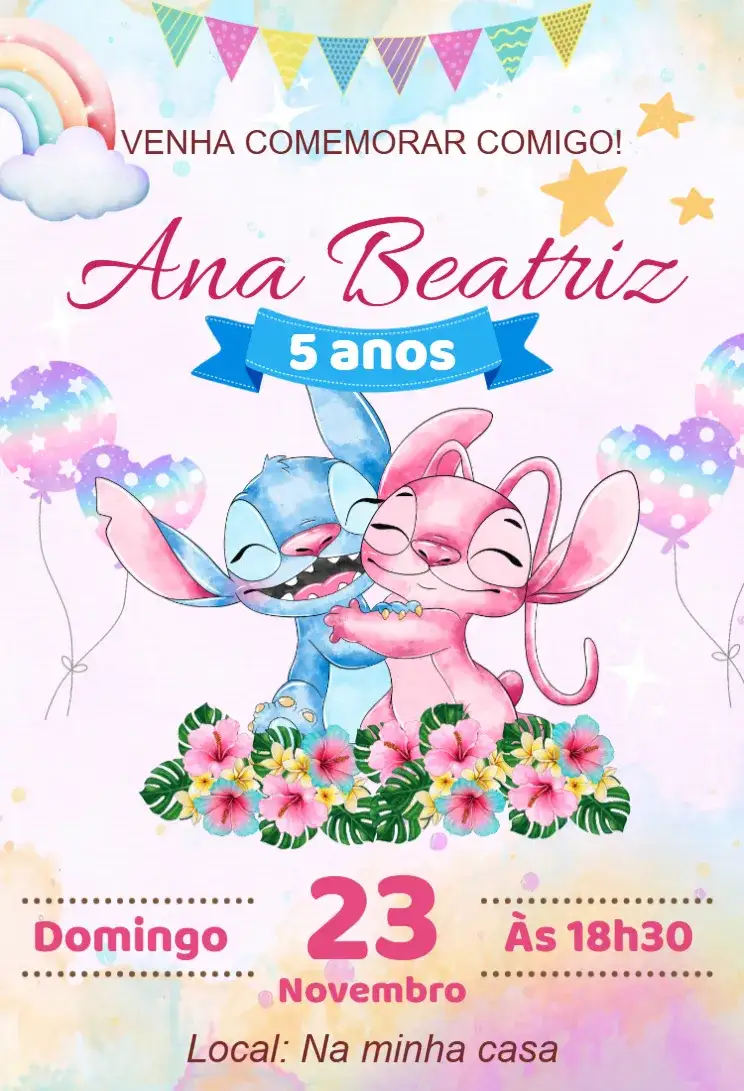 Convite convite digital stitch e angel – tema Aniversário colorido, kawaii, moderno, divertido, temático