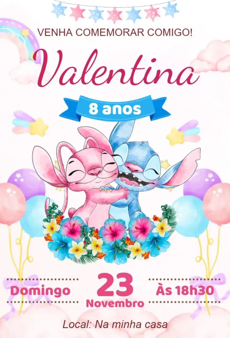 Convite convite digital stitch e angel – tema Aniversário personagens, tropical, infantil