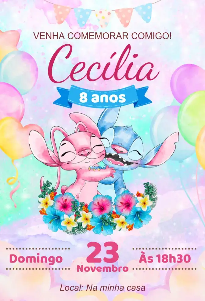 Convite convite digital stitch e angel – tema Aniversário personagens, tropical, infantil