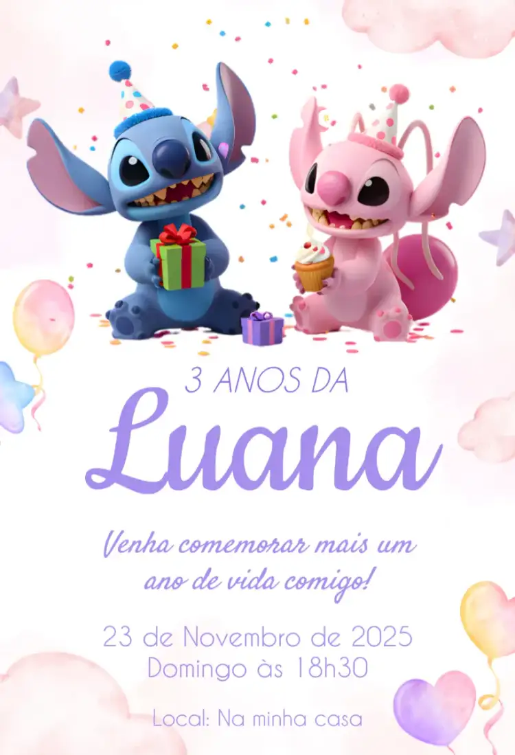 Convite convite digital stitch e angel – tema Aniversário kawaii, colorido, moderno, delicado, fofo