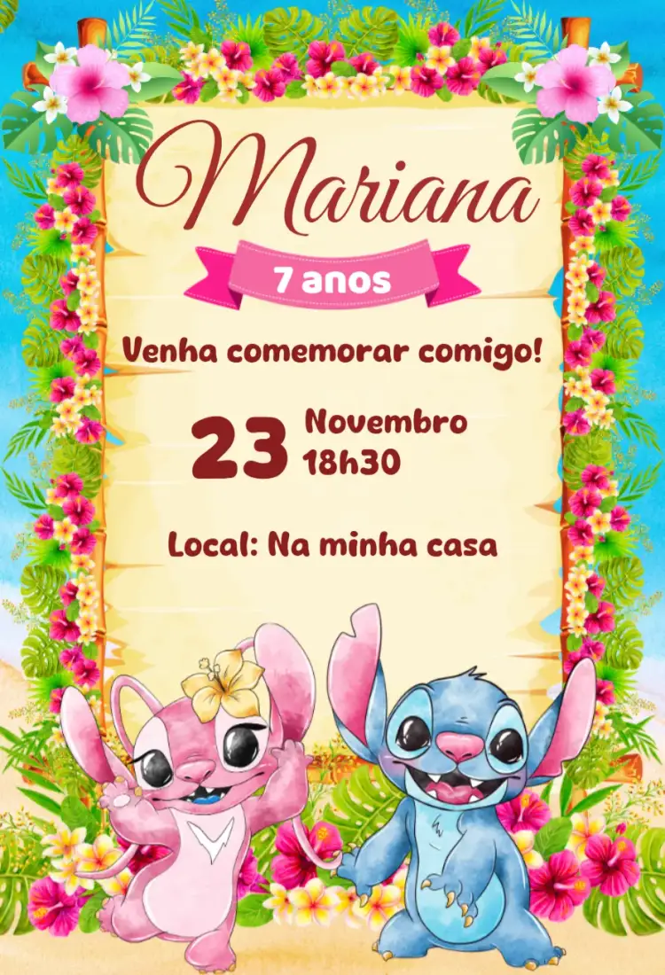 Convite convite digital stitch e angel – tema Aniversário moderno, fofo, kawaii, colorido, delicado