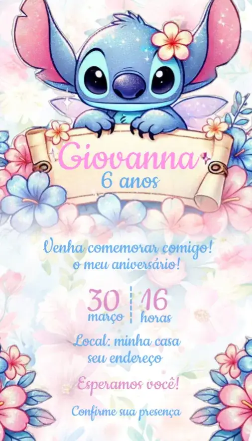 Invitación Convite Digital Stitch para editar – tema Aniversário floral, colorido, divertido, infantil, tropical, alegre