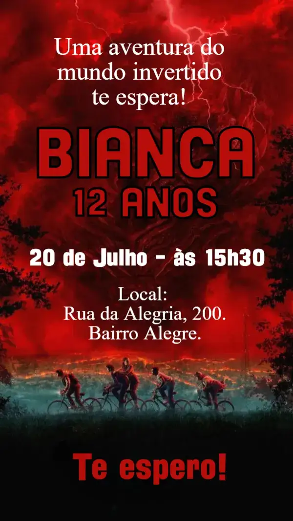 Invitación Convite digital Stranger Things – tema Aniversário mundo invertido, vintage, suspense, cores vibrantes, estilo retrô, gráficos inspirados na série