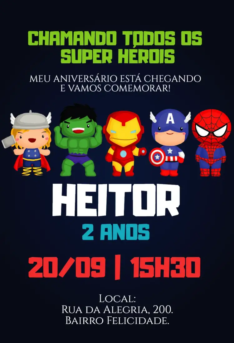 Invitación Invitación digital Super Héroes vengadores – tema Cumpleaños Infantil colorido, divertido, moderno, temático, superhéroes, dinámico