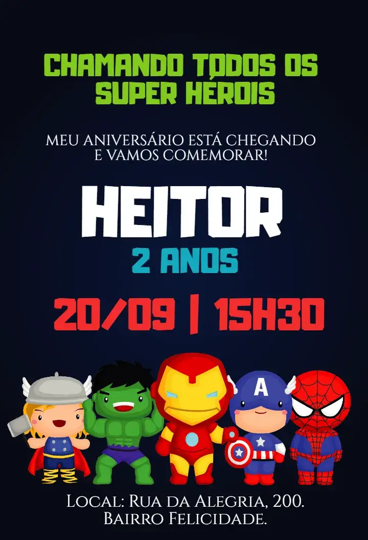 Invitación Invitación digital Superhéroes vengadores – tema Cumpleaños Infantil colorido, moderno, temático, dinámico, infantil