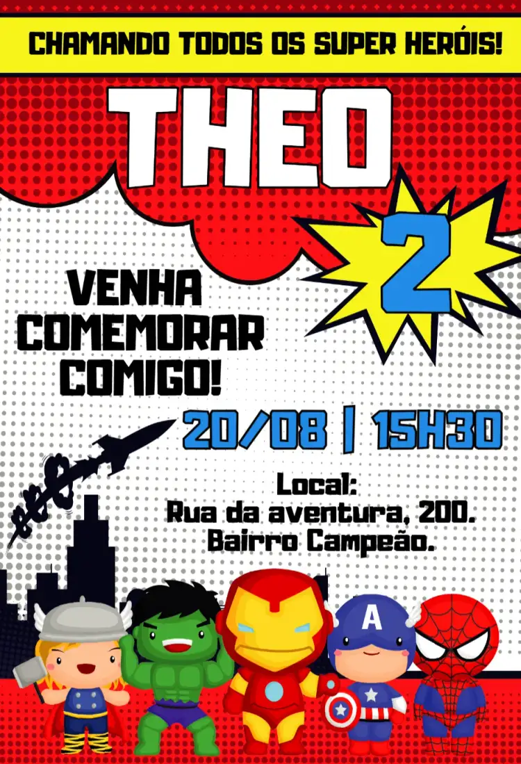 Invitación Invitación digital Super héroes vengadores – tema Cumpleaños Infantil colorido, moderno, temático, dinámico, vibrante
