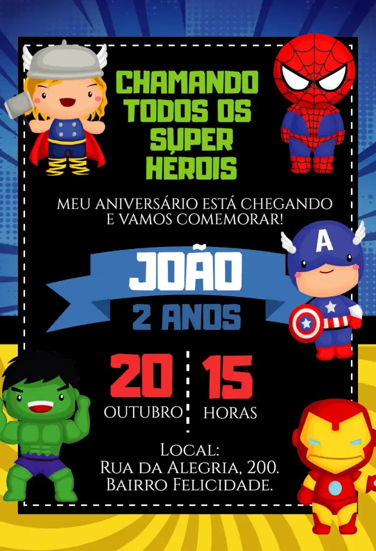 Invitación Invitación digital superhéroes vengadores – tema Cumpleaños Infantil vibrante, colorido, moderno, temático, divertido