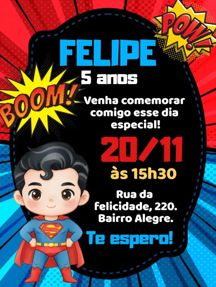 Invitación Convite digital Super homem – tema Aniversário Infantil colorido, temático, divertido, moderno, super heróis, dinâmico