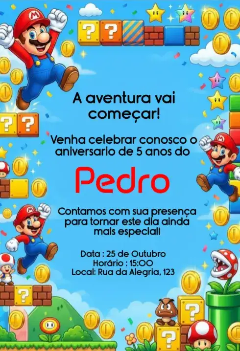 Editable Super Mario Bros Kids Birthday Digital Invitation