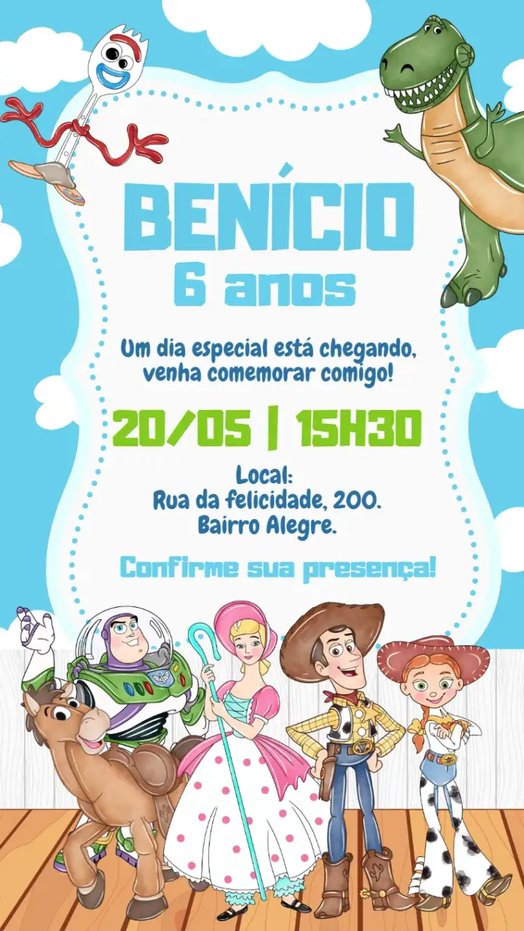 Convite Convite digital Toy Story – tema Aniversário Infantil aquarela, colorido, divertido, infantil, temático, brinquedos