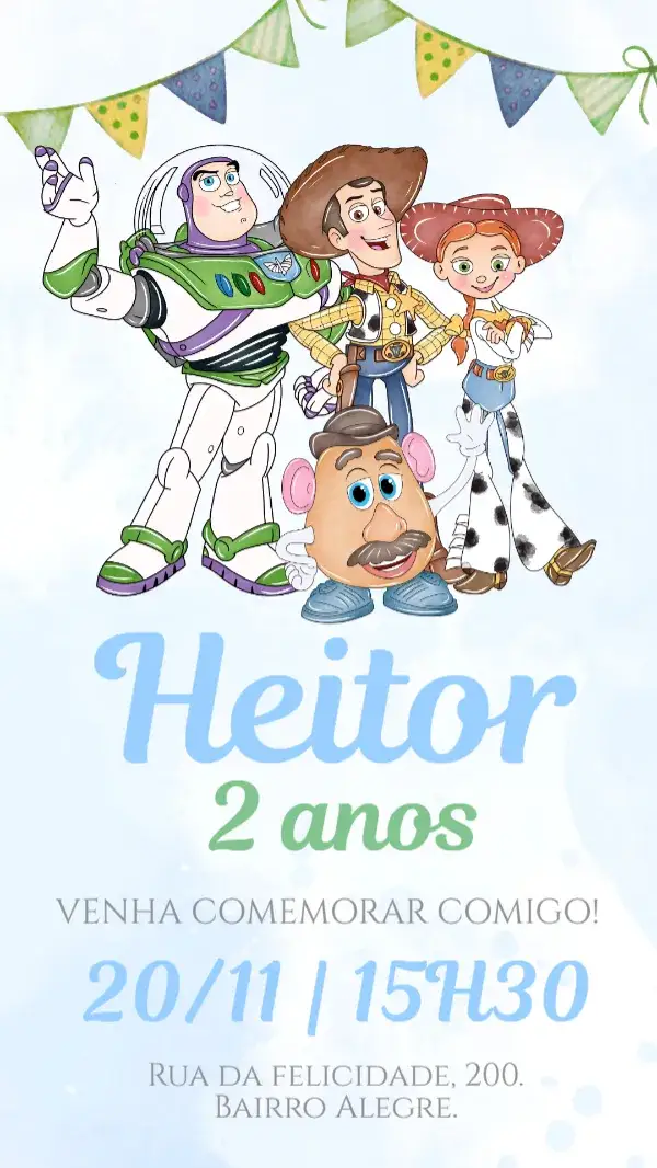 Invitación Convite digital toy story aquarela – tema Aniversário Infantil aquarela, colorido, divertido, temático, infantil, lúdico