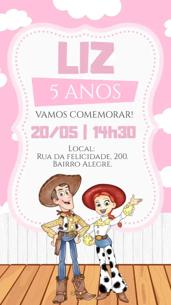 Convite Convite digital Toy Story rosa – tema Aniversário Infantil rosa, lúdico, divertido, colorido, temático, infantil