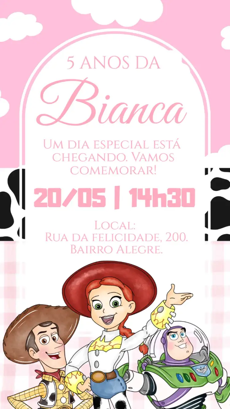 Convite Convite digital Toy Story rosa – tema Aniversário Infantil rosa, aquarela, divertido, infantil, colorido, temático