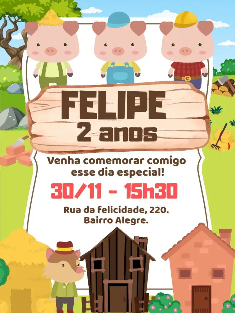 Invitación Invitación digital Los Tres Cerditos – tema Cumpleaños Infantil colorido, divertido, ilustración infantil, moderno, temática de cuento, lúdico