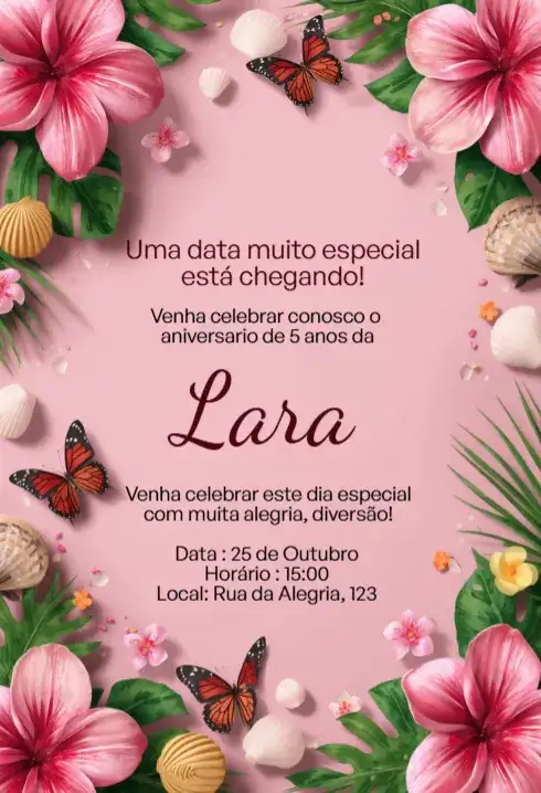 Convite Digital Tropical Rosa com Borboletas Editável