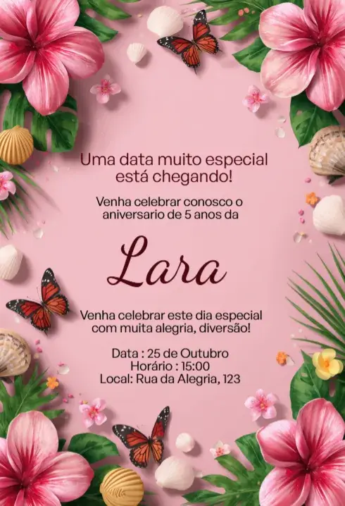 Invitación Digital Tropical Rosa con Mariposas Editable