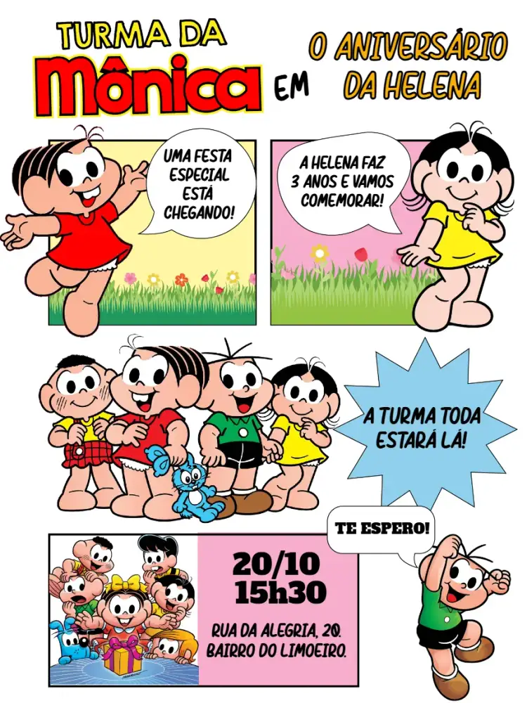 Invitación Convite digital Turma da Mônica – tema Aniversário Infantil colorido, ilustrações infantis, animado, lúdico, divertido, temática de quadrinhos