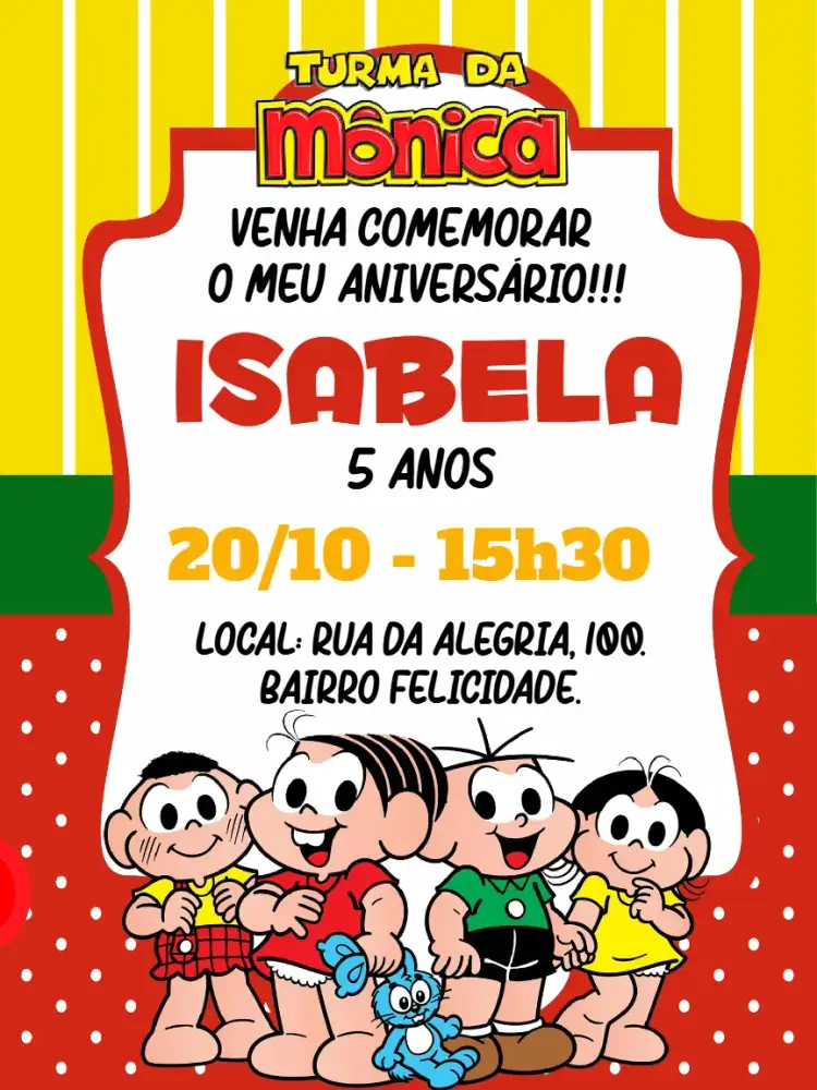 Invitación Convite digital Turma da Mônica – tema Aniversário Infantil colorido, infantil, divertido, ilustrações, gibis