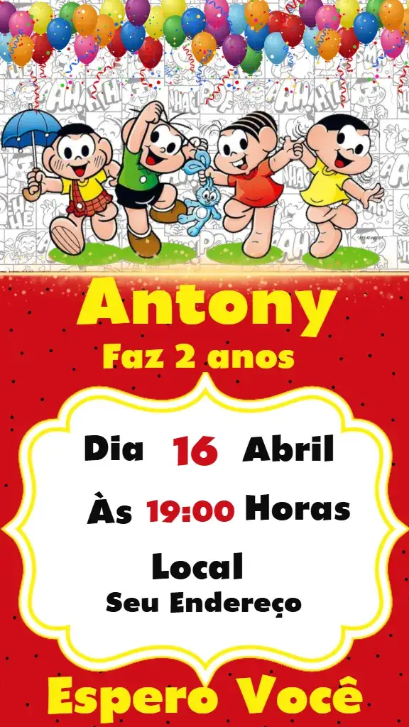 Convite Convite Digital Turma da Mônica Menino – tema Aniversário Infantil colorido, divertido, infantil, moderno, personagens de desenho