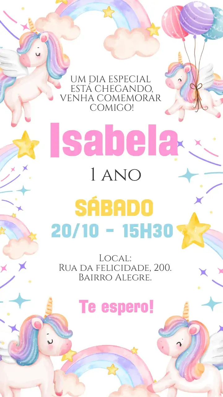 Invitación Convite digital Unicórnio – tema Aniversário Infantil mágico, aquarela, colorido, fantasioso, infantil, arco-íris