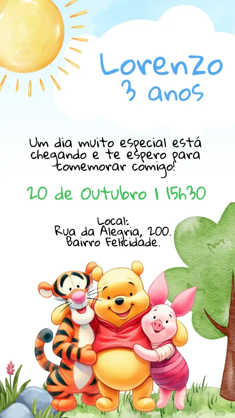 Convite Convite digital Ursinho Pooh – tema Aniversário Infantil colorido, divertido, infantil, ilustrações de personagens, neutro, desenho animado