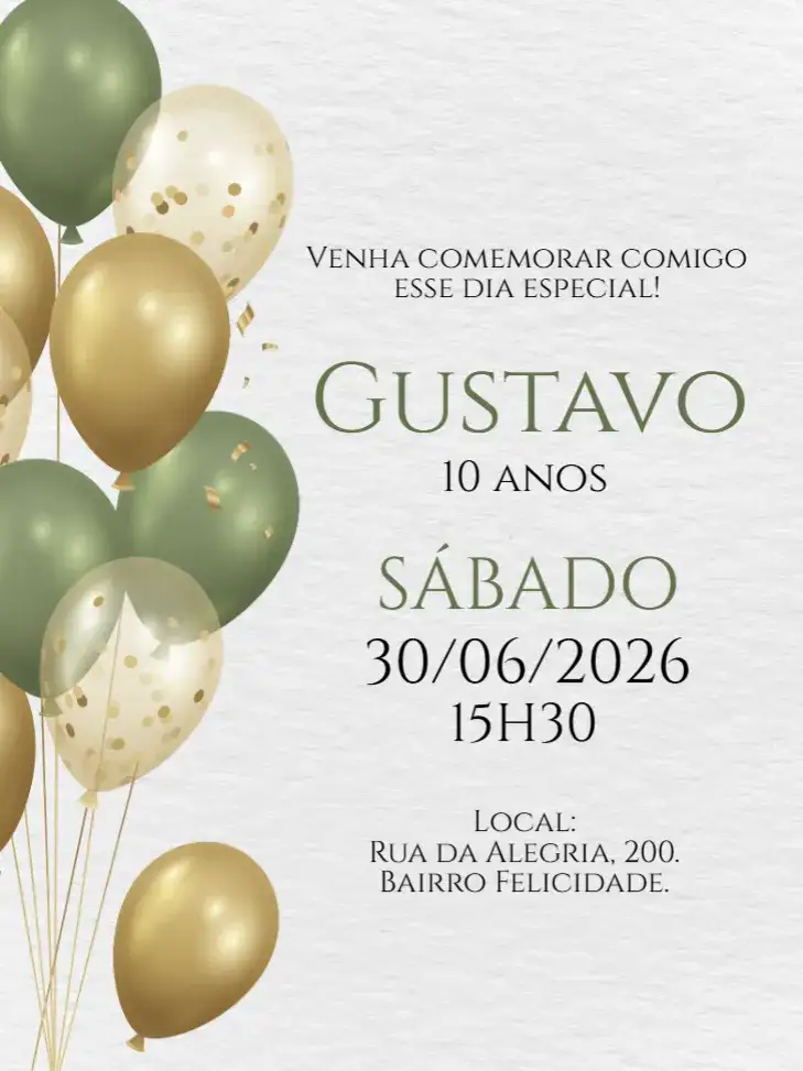 Convite Convite digital Verde e dourado – tema Aniversário verde, dourado, moderno, elegante, masculino, festivo