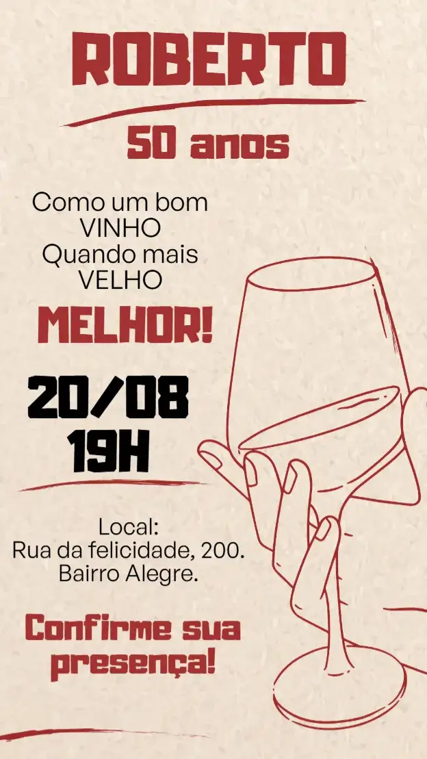 Convite Convite digital Vinho – tema Aniversário elegante, sofisticado, minimalista, vintage, rústico