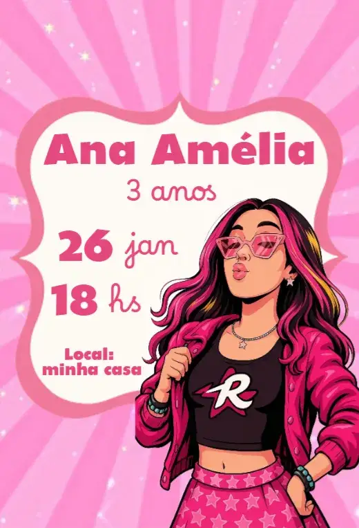 Convite Convite dos Rosa Emily Vick – tema Aniversário Infantil floral, delicado, colorido, moderno, divertido