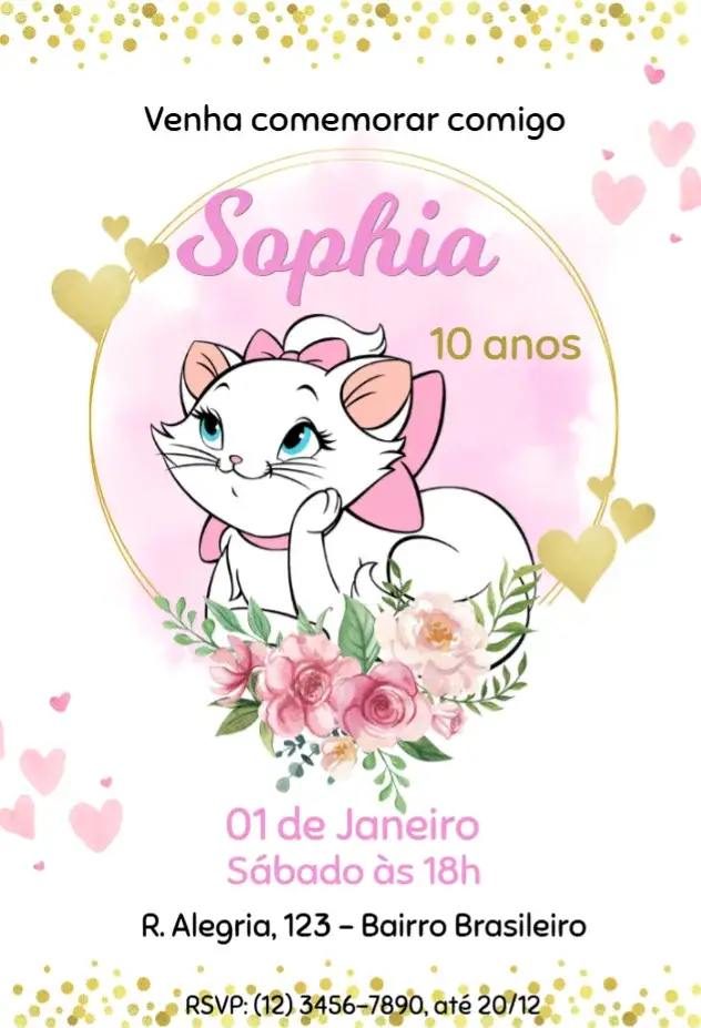 Invitación Convite Elegante Gatinha Marie – tema Aniversário Infantil rosa, fofo, disney, elegante, colorido, infantil