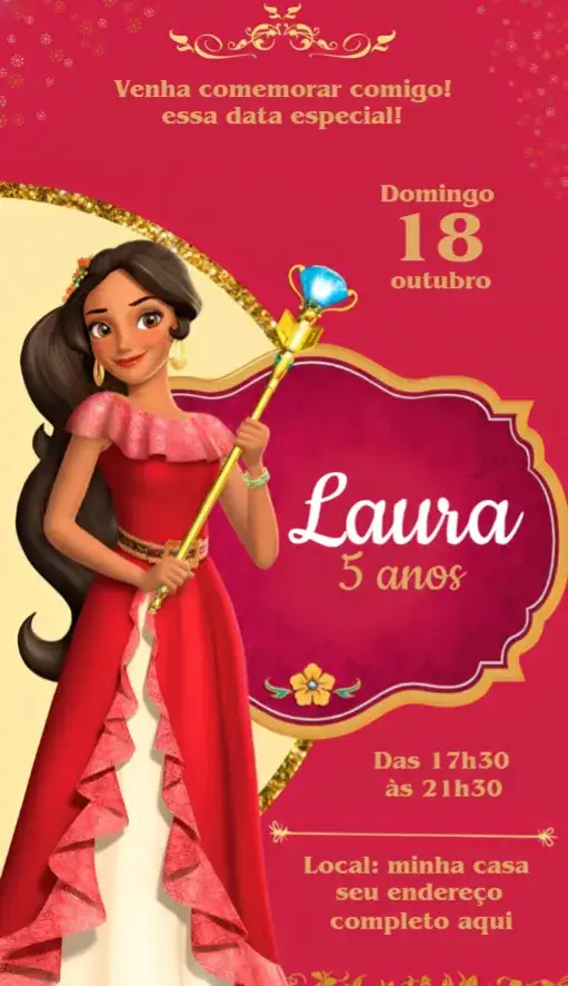 Convite Convite Elena de Avalor – tema Aniversário cores vibrantes, estilo divertido, elementos gráficos da Disney, tema de princesa, design encantado, aventura mágica