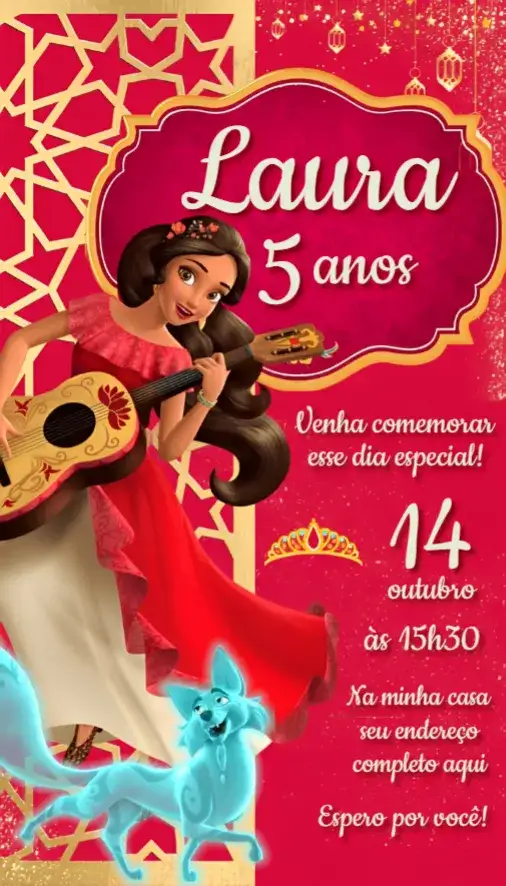 Convite Convite Elena de Avalor – tema Aniversário colorido, fantasia, princesa, mágico, divertido