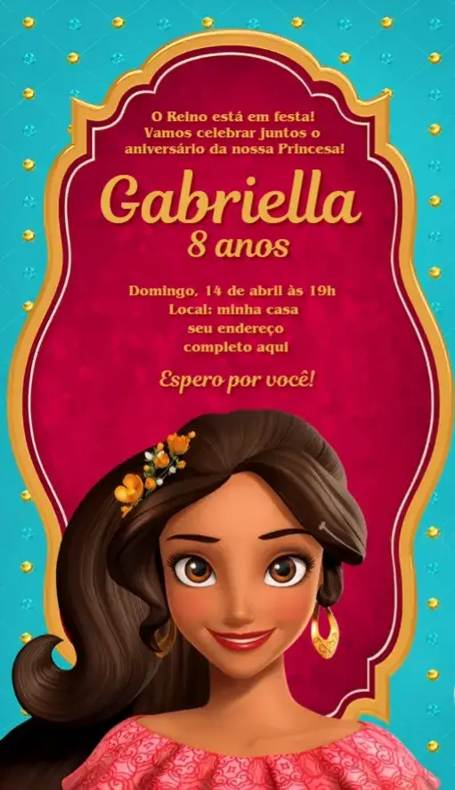 Convite Convite Elena de Avalor – tema Aniversário cores vibrantes, estilo encantado, elementos gráficos de princesas, design alegre, inspirado em contos de fadas