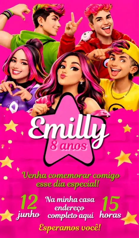 Convite Convite Emilly Vick – tema Aniversário floral, romântico, colorido, moderno, elegante