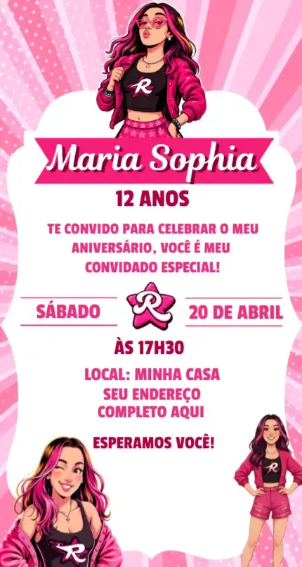 Convite Convite Emilly Vick – tema Aniversário rosa, delicado, floral, moderno, elegante