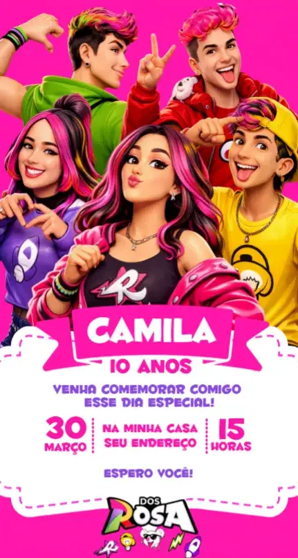 Convite Convite Emilly Vick Os Rosas – tema Aniversário floral, moderno, elegante, rosa, infantil, colorido
